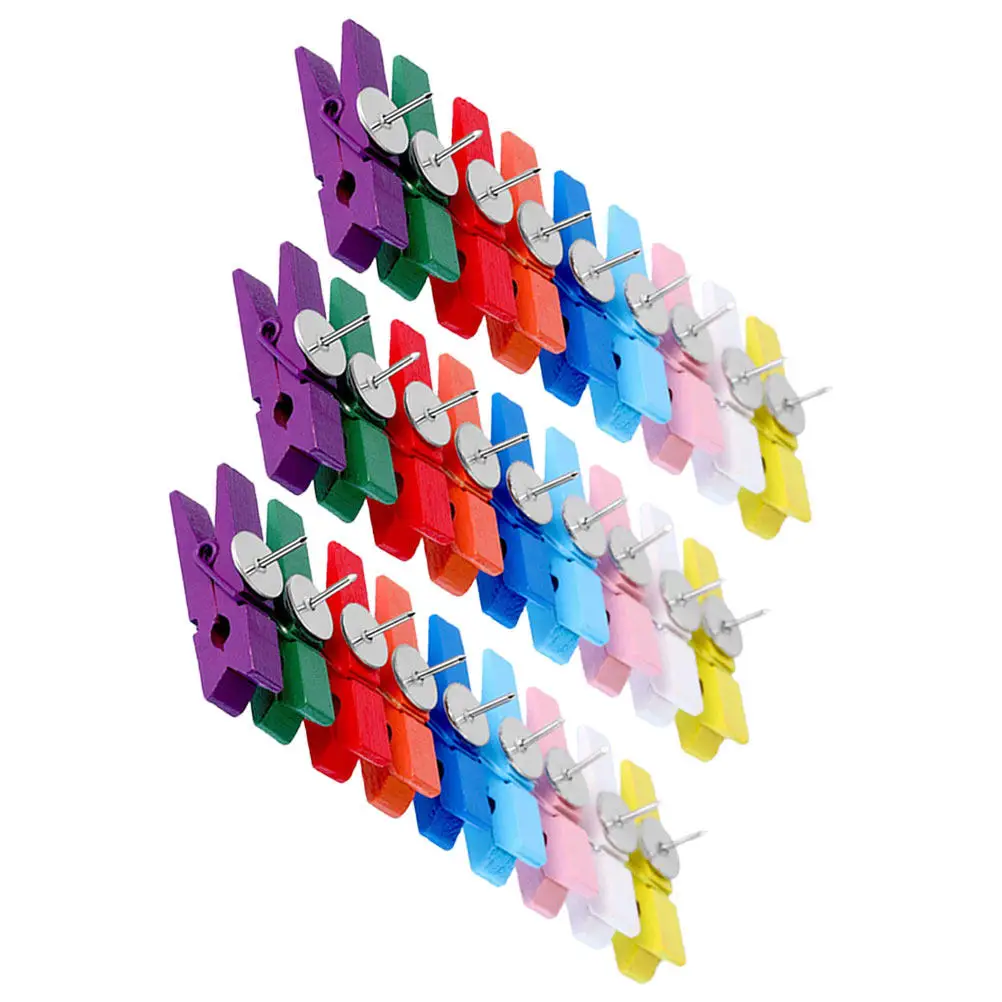 

50Pcs Colorful Wooden Push Pins with Clips Tiny Decorative Clothespins for Cork Board Map Tacks Photo Display Note Clipping
