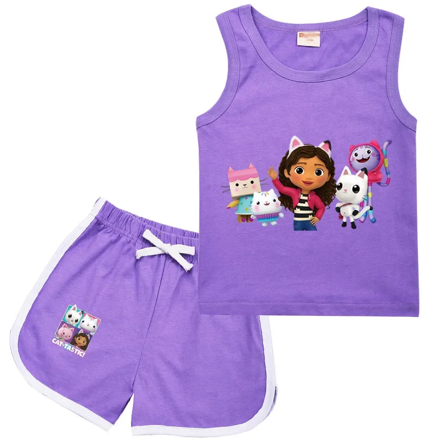 Gabby Doolhouse T-Shirt Kids Gabbys Chat Kleding Peuter Meisjes Mouwloze Tops + Shorts 2 Stuks Sets Kinderen Zomervakantie Outfits