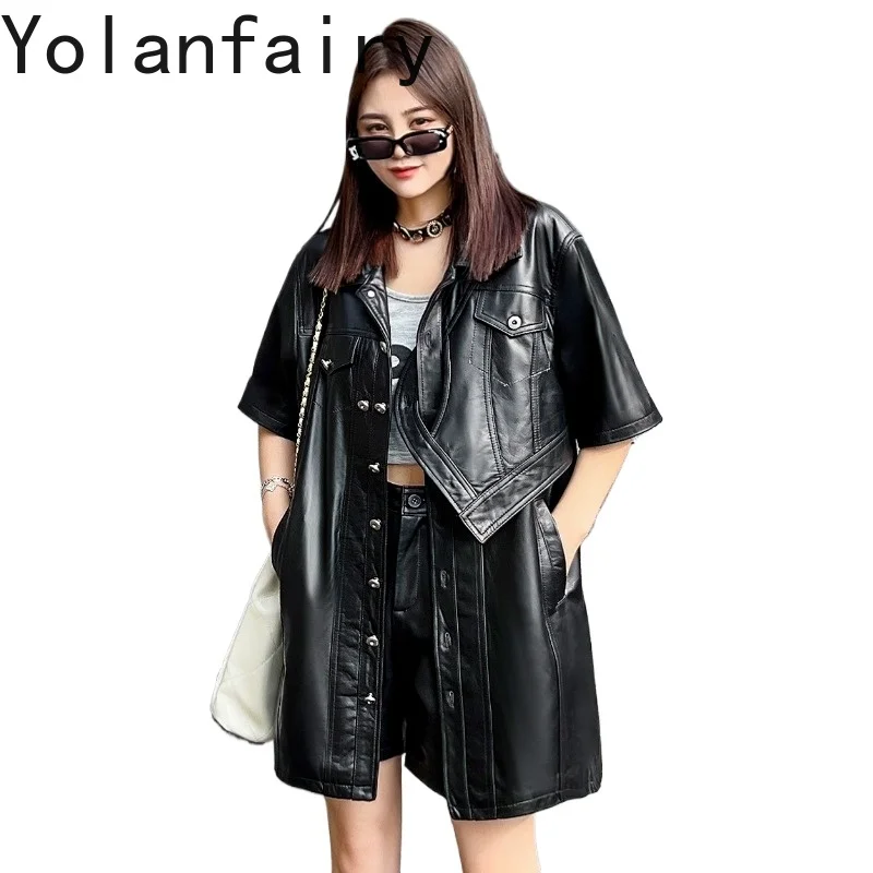 

YOLANFAIRY Genuine Sheepskin Leather Jacket Women Mid-Length Trench Coat 2026 Autumn Black Half-Sleeve Leather Jacket Slim Fit