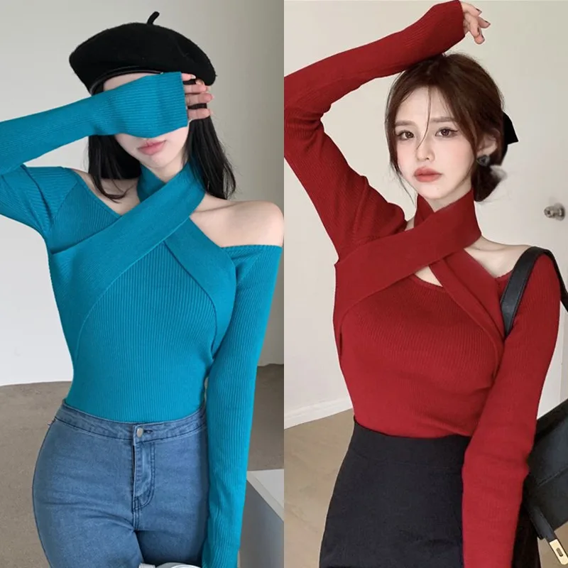 Knitted Long Sleeve Women\'s Sweater Versatile Off Shoulder Hanging Neck Straight Neck Sexy  Women Sweater