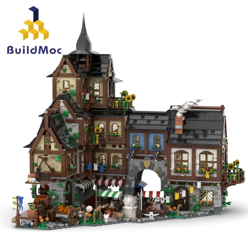 

BuildMoc European Medieval Town Centre Building Blocks Set Retro Market Castle Game House Bricks Toys For Children Birthday Gift