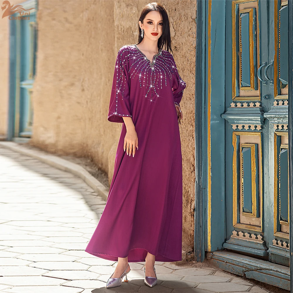 

Uni Ramadan Moroccan Rhinestone Decorated Abaya Dubai Luxury Woman Evening Dress Muslim Women Elegant Kaftan