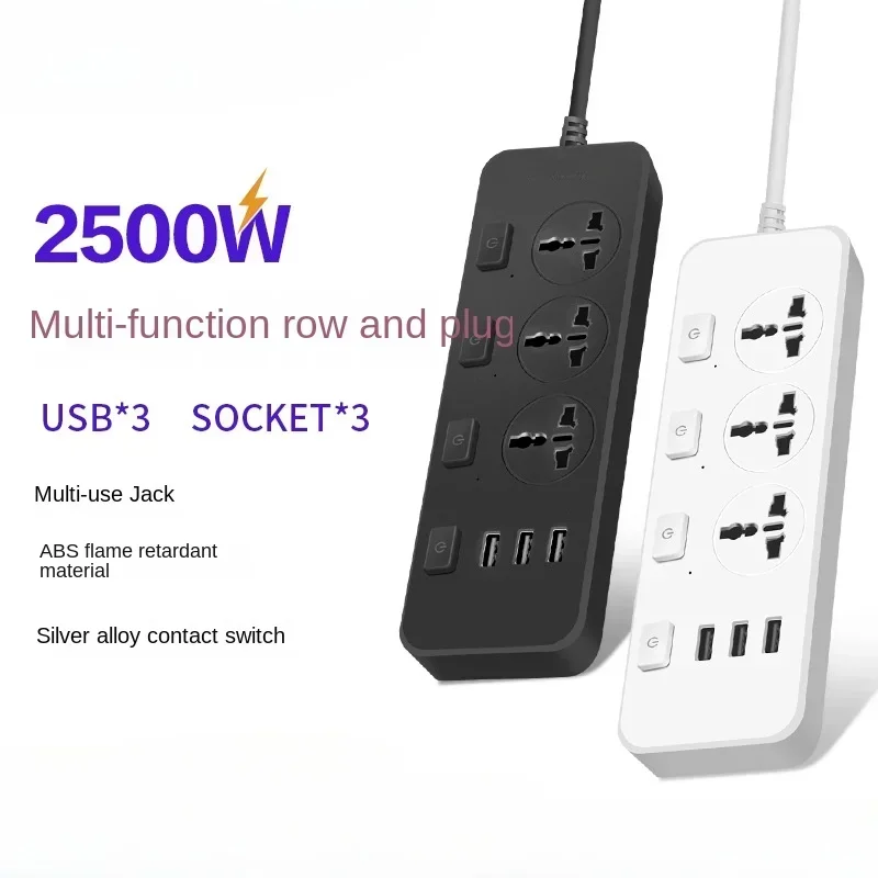 Universal Electric Plug Socket 2500W US UK EU Plug Power Strips Extension Lead Cable 3 USB Ports Flat Outlet Extender Cord