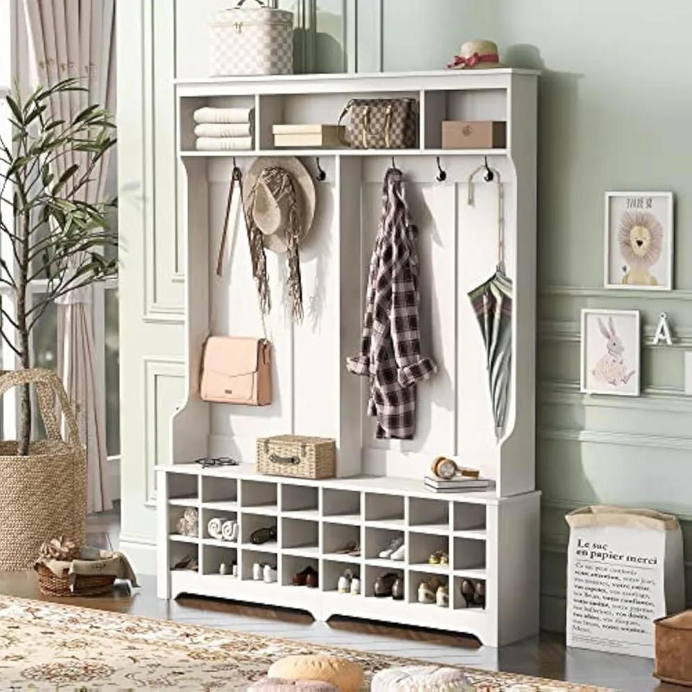 

Coat Rack, Modern Style Multiple Function Hallway Coat Rack W/Metal Black Hook, Entryway Wide Hall Tree W/Ample Storage Space