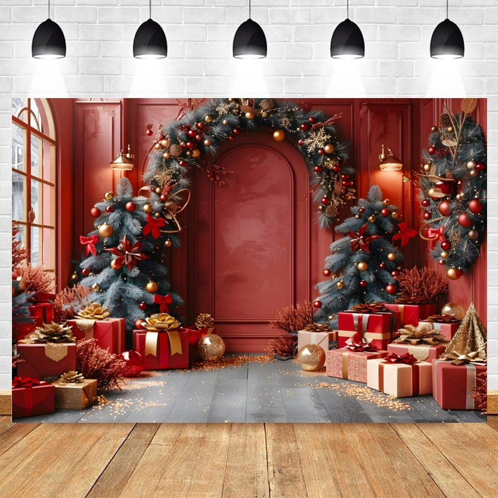 Red European Palace Wall Backdrop Christmas Wreath Wooden Board Arch Kids Family Portrait Photography Background Photozone Props