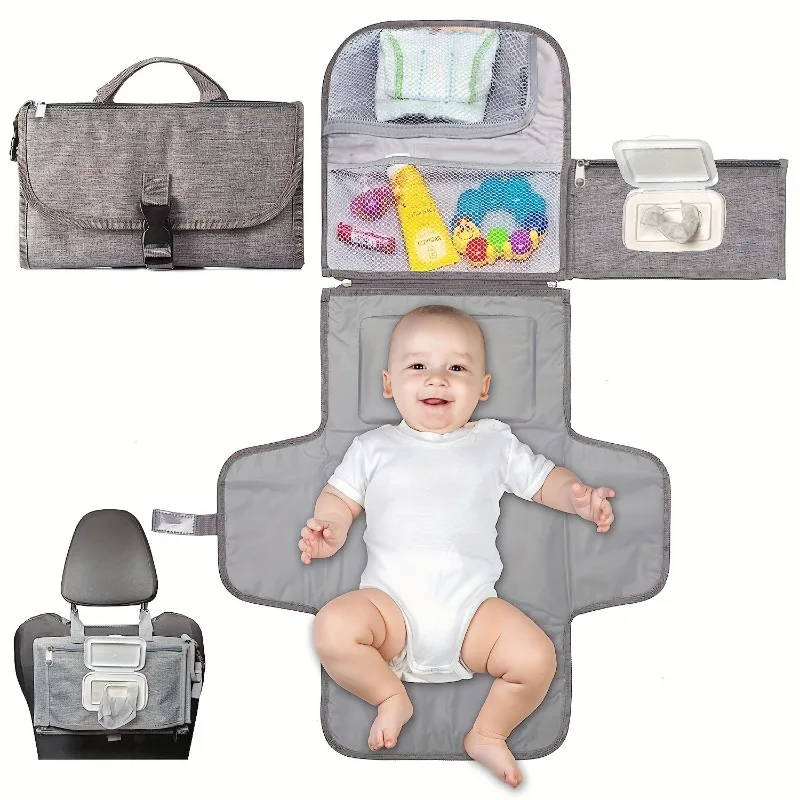 

Portable Waterproof Baby Diaper Changing Pad with Wipes Pocket Built-in Pillow for Newborn Travel Mat