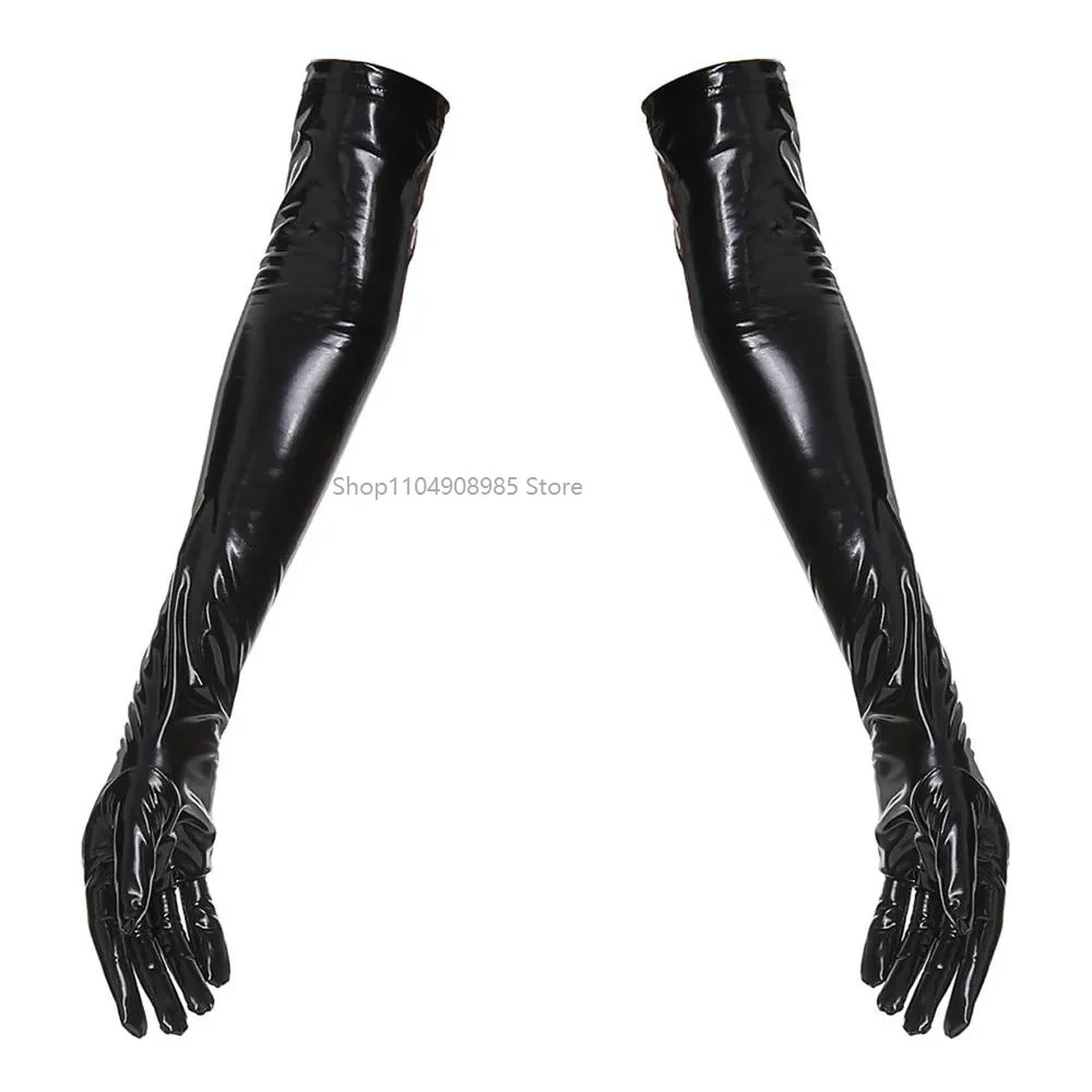 여성 PU 가죽 Wetlook 반짝 이는 높은 스타킹 장갑 긴 가죽 장갑 디스코 파티 댄스 Clubwear 코스프레 의상 레드 블랙