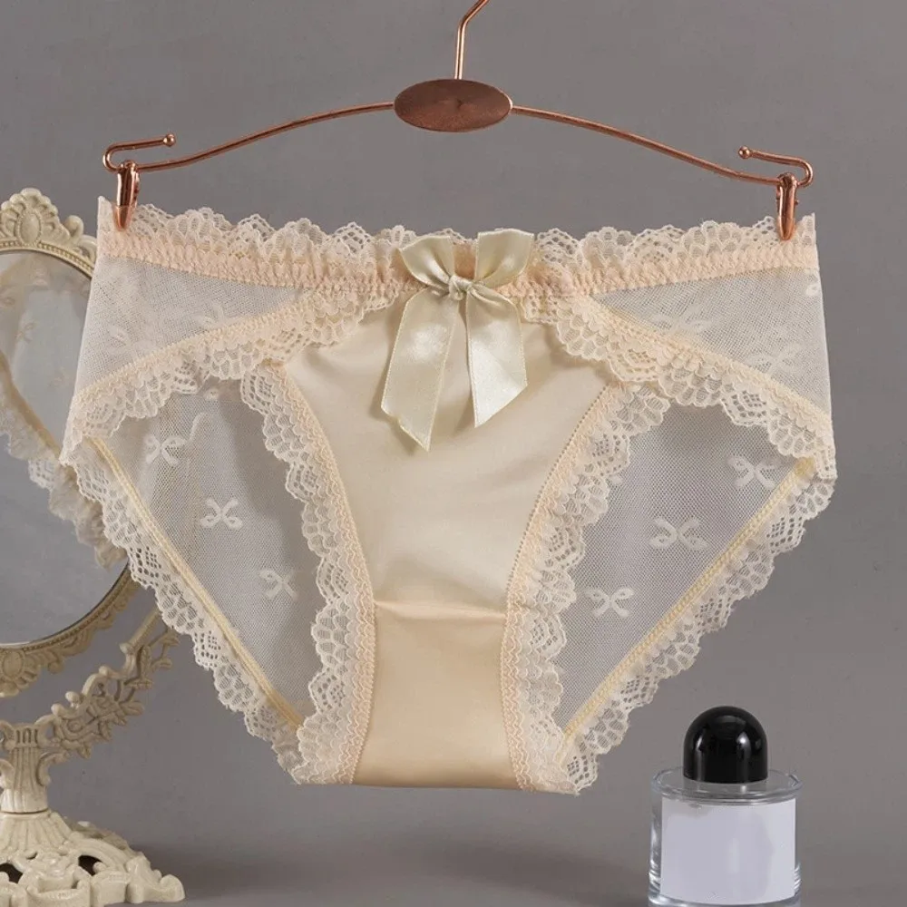 Sweet Low Waist Lace Panties Bow Cotton Crotch Mesh Flower Briefs Lingerie Transparent Underwear for Women Girl