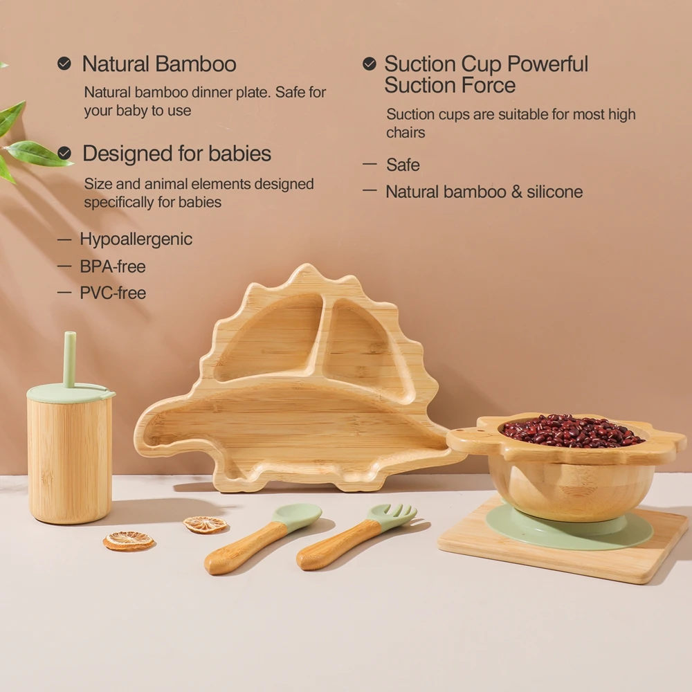 Plato de cena de bambú para bebé, juego de vajilla de madera de silicona sin BPA para niños, cuenco para bebé, cuchara, tenedor, taza, accesorios de alimentación de silicona