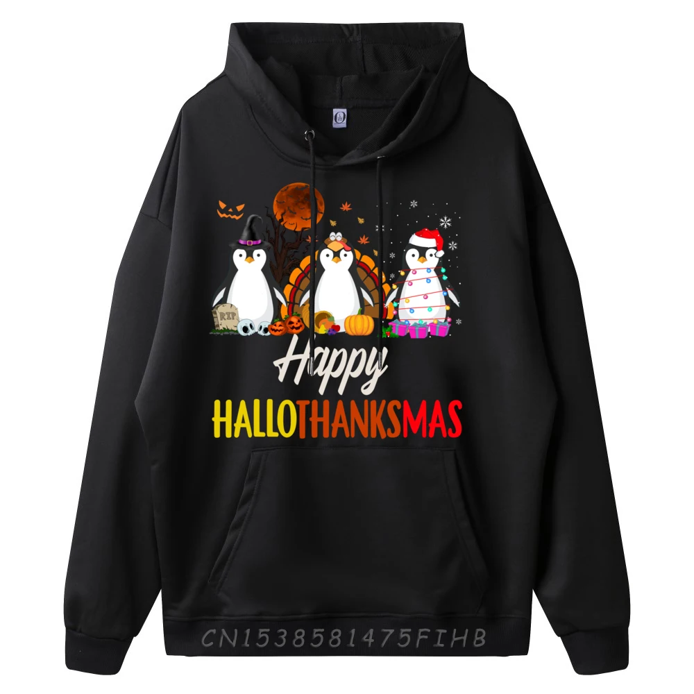 Happy Hallothanksmas Santa Penguin Halloween Thanksgiving Printed Hoodie Hoodies Man Tops Hoodies Large Size Creative