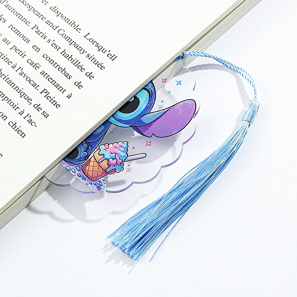 1Pcs Cute Stitch Round Bookmark, Clear Acrylic Bookmark with Tassel for Fans Collection Book Lovers Pearl Lanyard Gift for Women