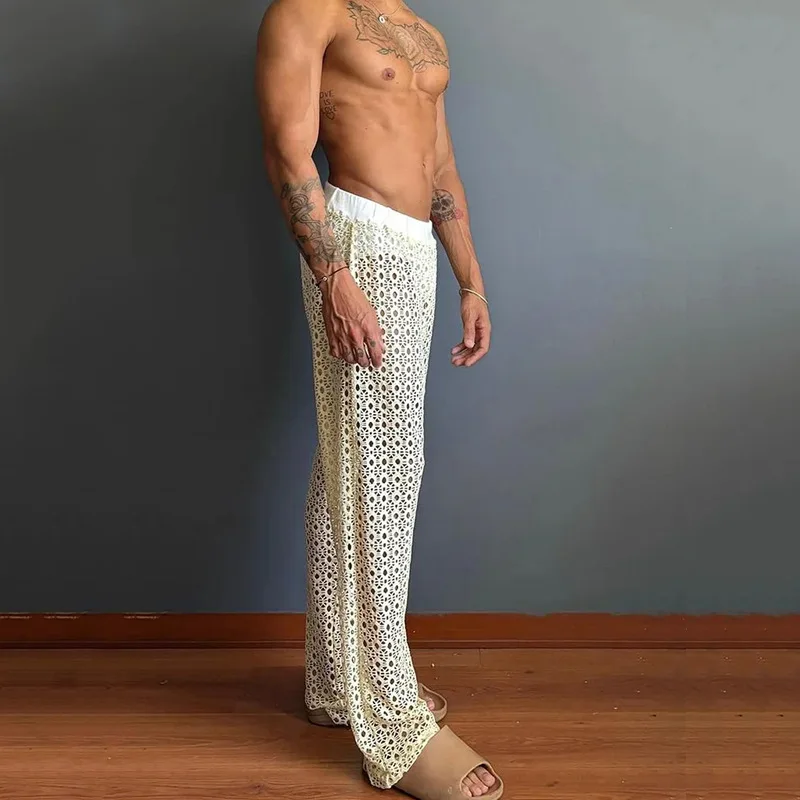 Summer New Hollow Lapel Shirt Solid Color Fashion Casual Trousers Two-piece Set Men