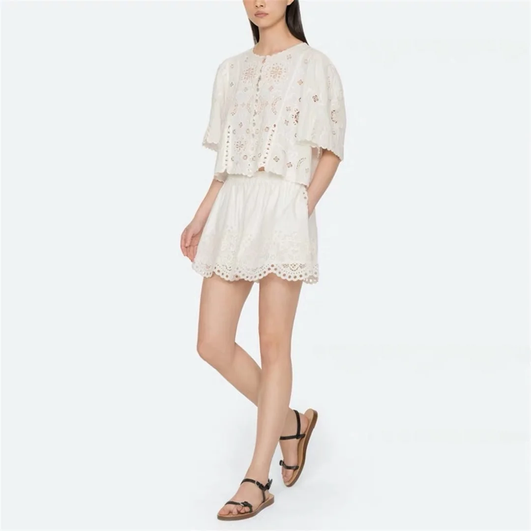 

French Style Embroidered Hollow out Shirt Shorts Set Women's Loose Fit Cotton Breathable Skin-Friendly Summer Fashion