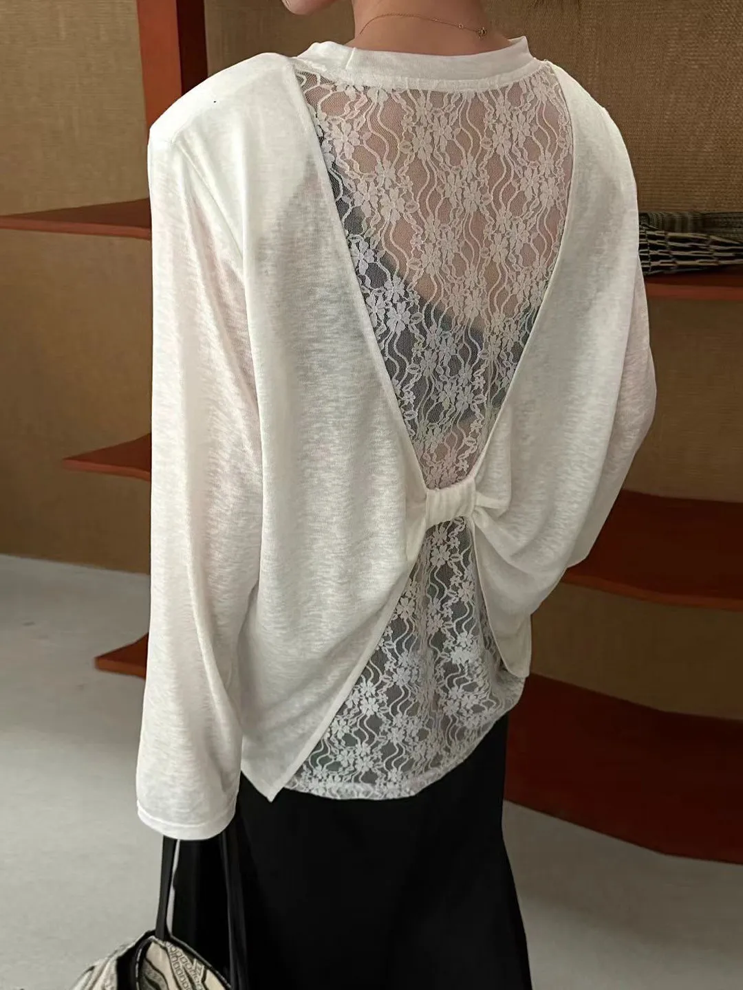 

Lace Splice Long Sleeve T-Shirt Women's Sexy Pure Desire Backless Hollow out Sun Protection Cover up White Design Top