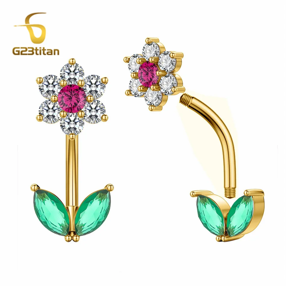 G23titan Zircon Flower Belly Button Ring Women Sexy Navel Piercing Jewelry Anti Allergic G23 Titanium Golden Accessories Ombligo