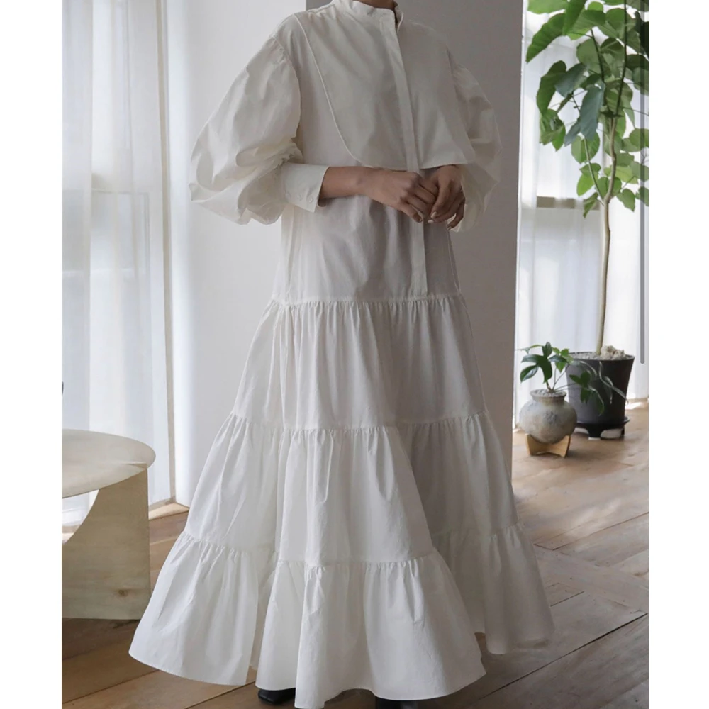 REALEFT New 2024 Vintage White Women\'s Long Dresses Spring Long Puff Sleeve Stand Collar Korean Casual Female Dresses