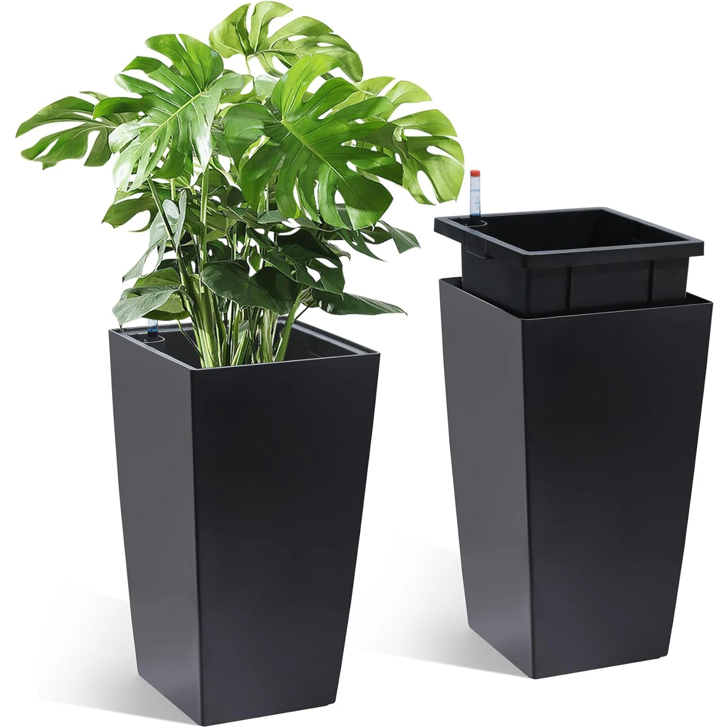 2 Pack 16in Tall Planters with Water Level Monitor & Drainage Holes, 16 Inch Tall Flower Pots for Indoor Outdoor, Modern Large Garden Plant Pots for Patio