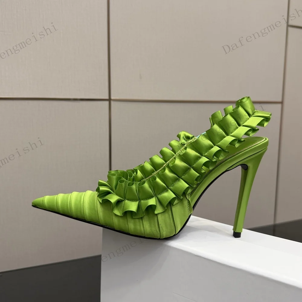 Women Pointed Toe Satin High Heel Mules Ruffle Pleated Decor Stiletto Heel Slip On Slingback Pumps Elegant Party Dress Shoes