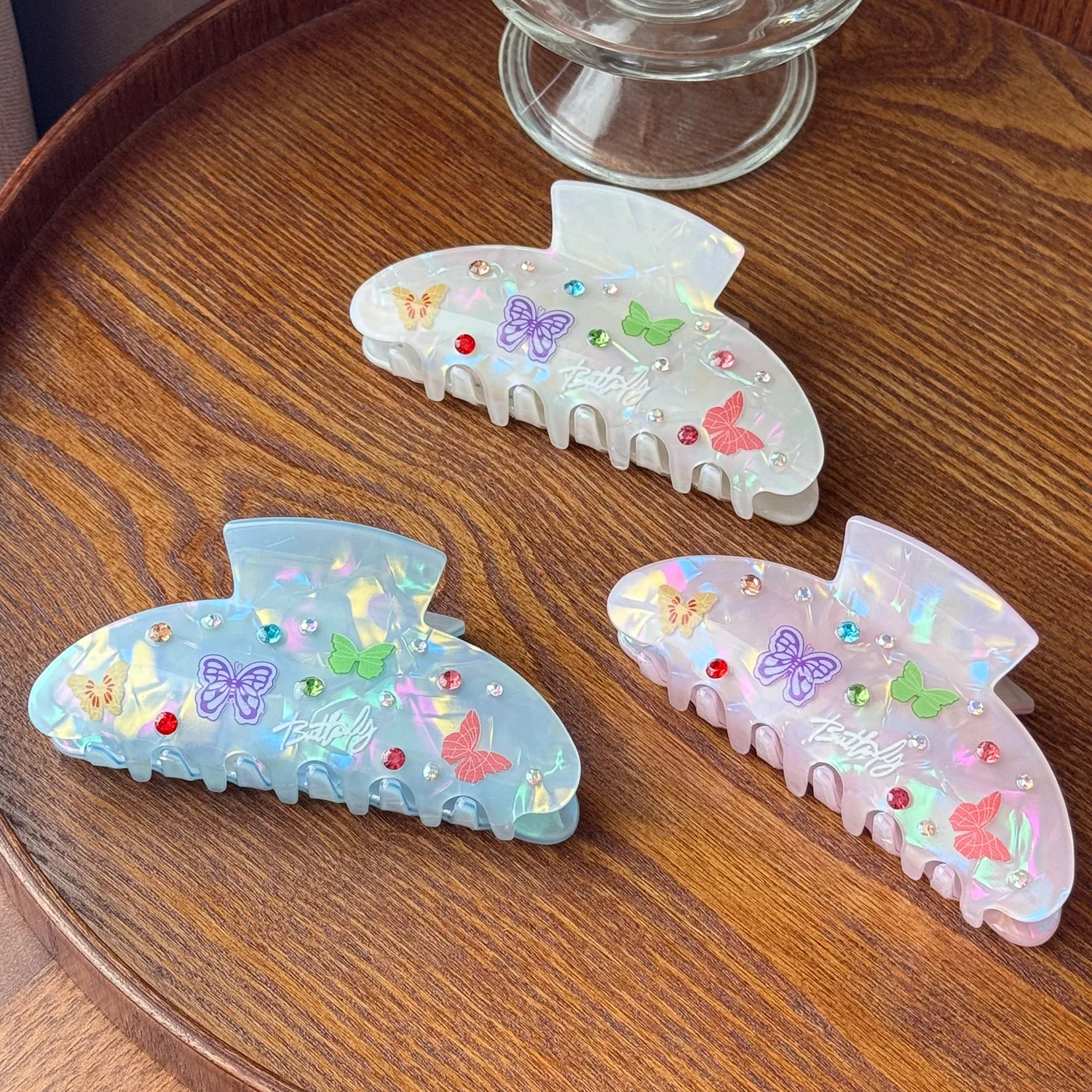 Fashion Dazzling 9.6CM Mermaid Coloful Hair Clip For Sweet Girls Butterfly Prints Rhinestones Shark Clip Hair Accessories