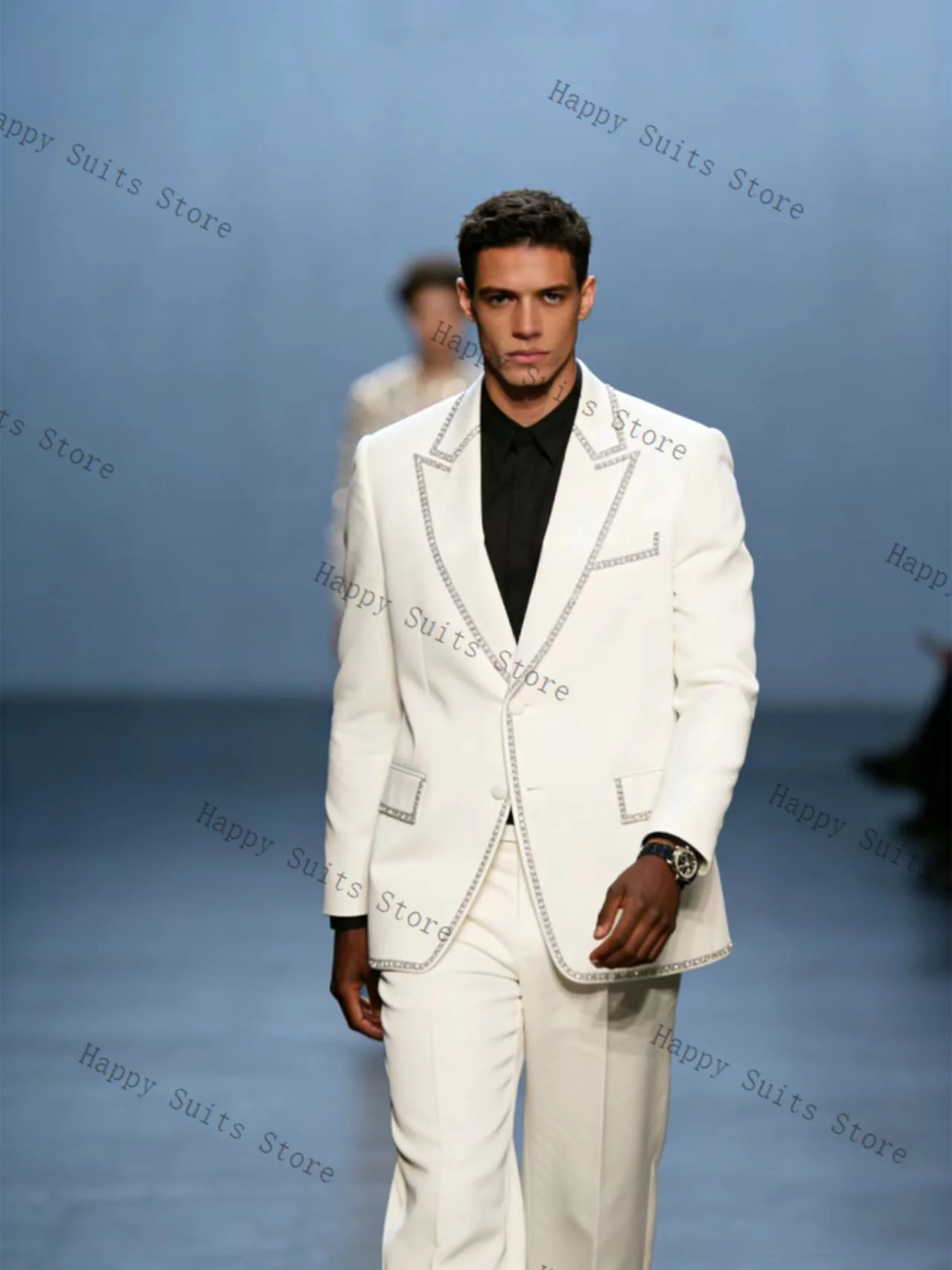 

Crystals White Men Suit Set 2 Pcs Groom Blazer+Pants Trousers Luxury Formal Office Coat Wedding Tuxedo Customized Jacket Outfit