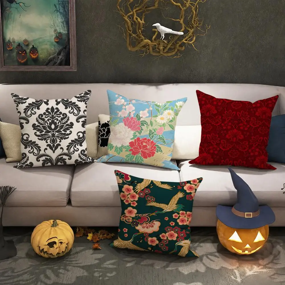 Kimono Fabric Cushion Cover Halloween decoration trick or treat cushion cover, ghost, pumpkin head, bat decoration