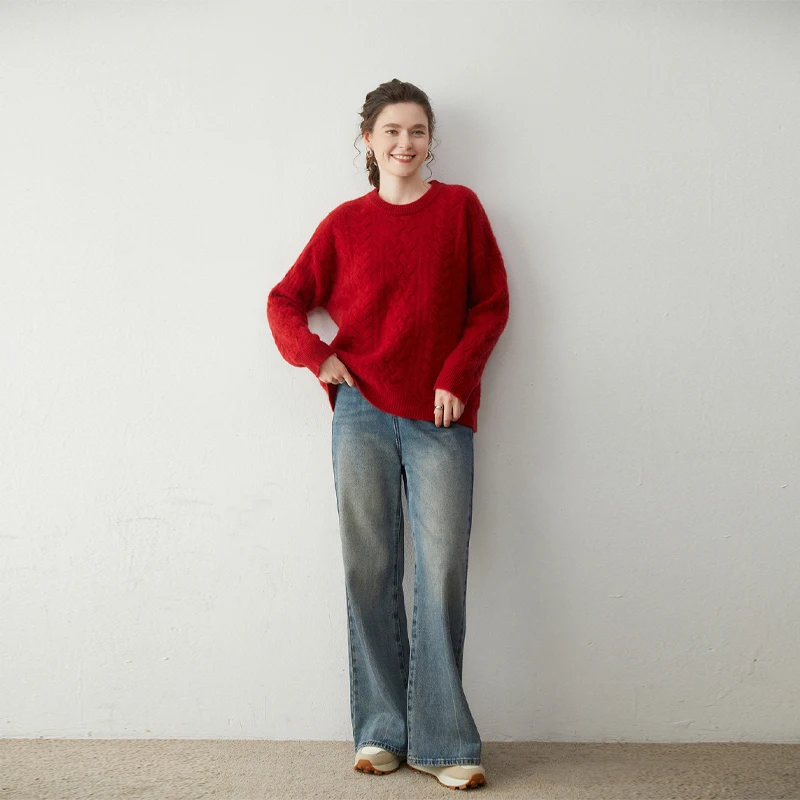 女性 100% カシミヤプルオーバーセーター O ネック長袖ツイストフラワープルオーバー秋冬ルーズヤギカシミヤニットウェアトップス