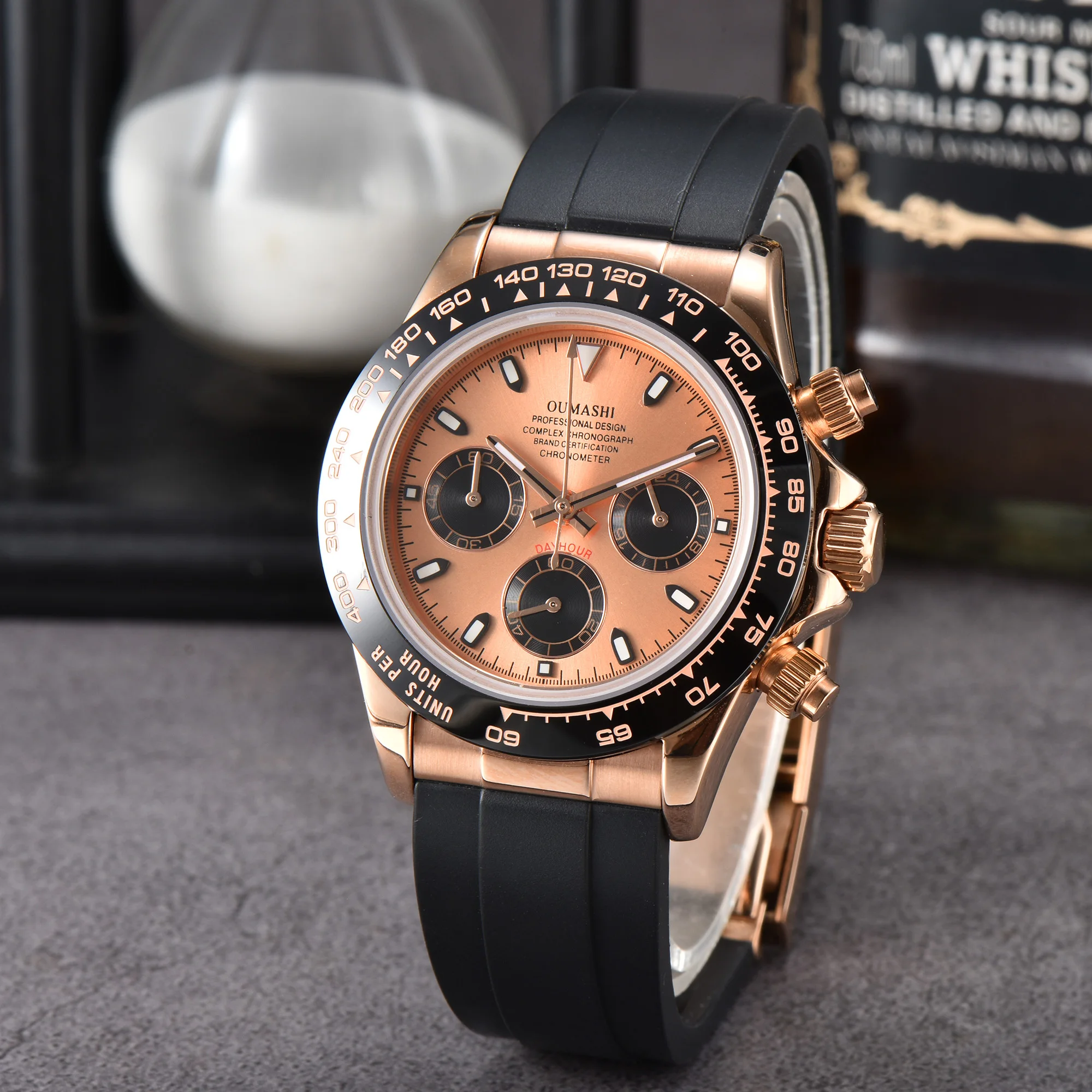 OUMASHI Watch Rose Gold Series Panda dial, Sapphire luminous watch, fashionable and sporty style, waterproof VK63 chronograph