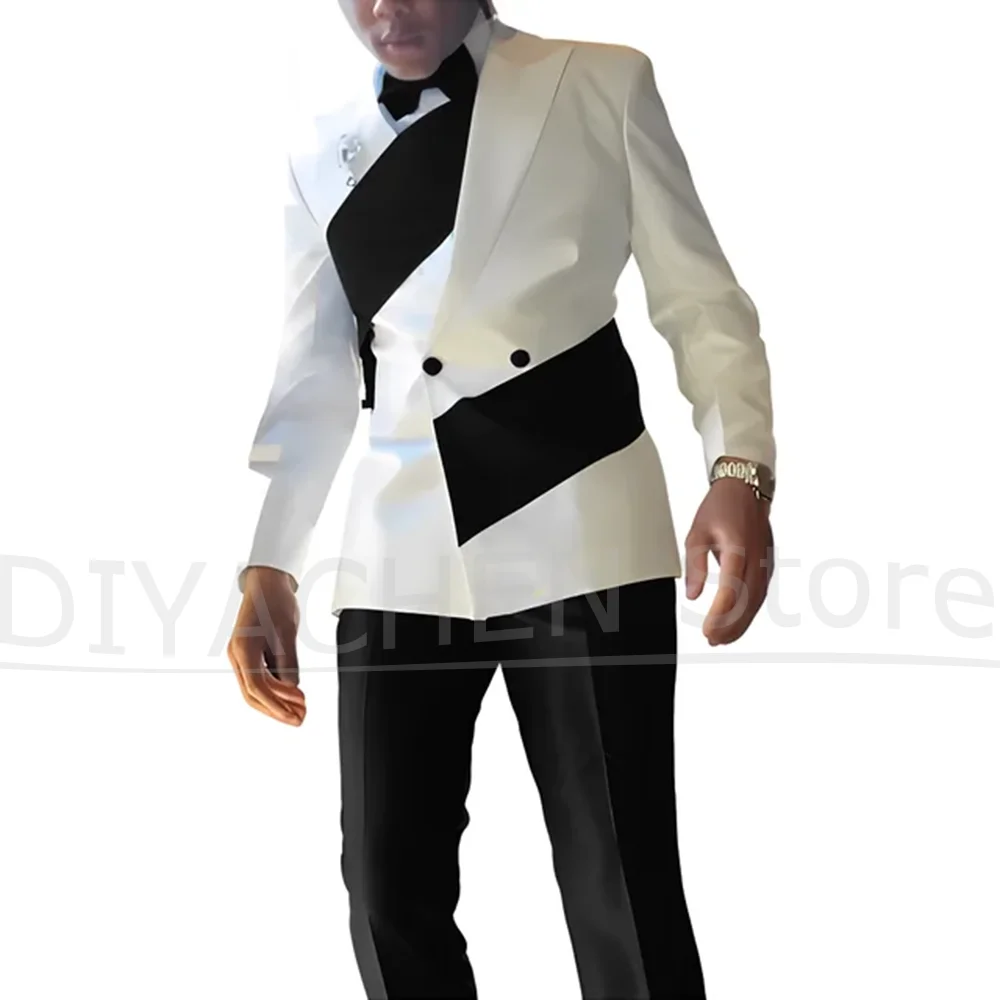 

Chic Men Suit 2 Piece Fashion Double Breasted Patchwork Outfit Slim Stylish Prom Party Wedding Groom Tuxedo (Blazer+Pants)