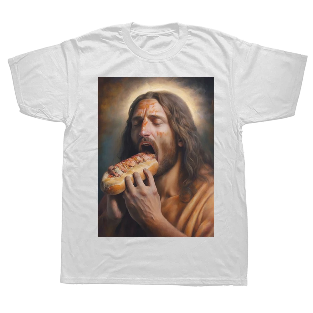 يسوع يحب هوت دوج تي شيرت مضحك هوت دوجز ميمي تي شيرتات ورق الرسم البياني الرجال موضة خمر اليورو حجم القطن تي شيرت للجنسين الشارع الشهير