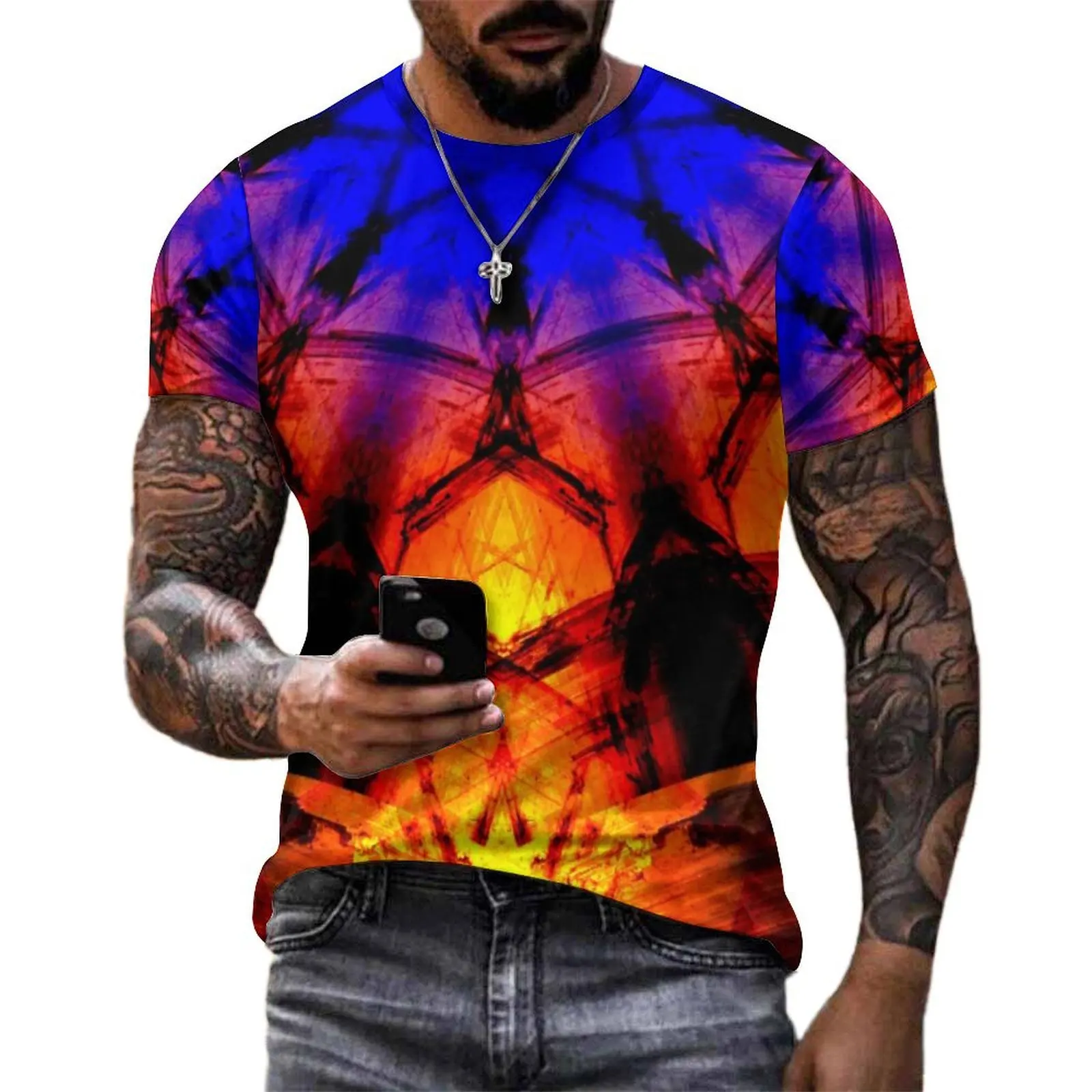 Vintage Metallic T-Shirt Men Fire Ice Mandala Print T-Shirts Original Vintage Tee Shirt Short Sleeve Design Plus Size Clothes