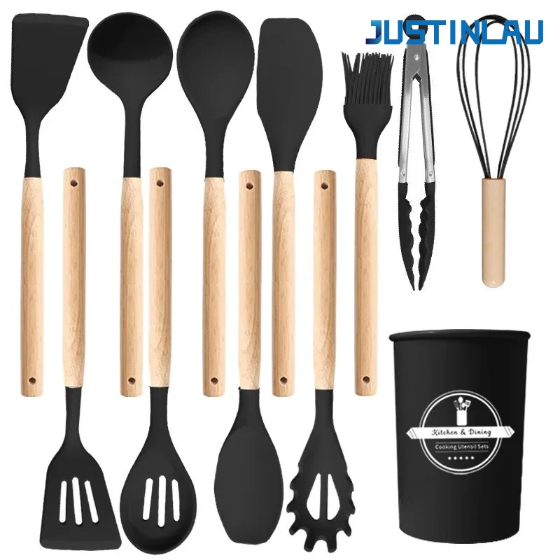 JUSTINLAU 12-teiliges Silikon-Küchenutensilien-Set, Antihaft-Spatel, Suppenlöffel, Lebensmittelklammer, für Zuhause, Lebensmittelqualität, hitzebeständiges Backen