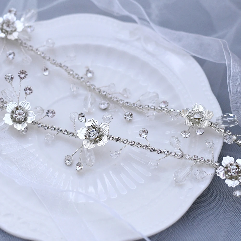 Two Strands Hairband With Ribbon Flower Headband For Wedding Crystal Beads And Alloy Flowers Elegant Bride Hair Wreath Communion