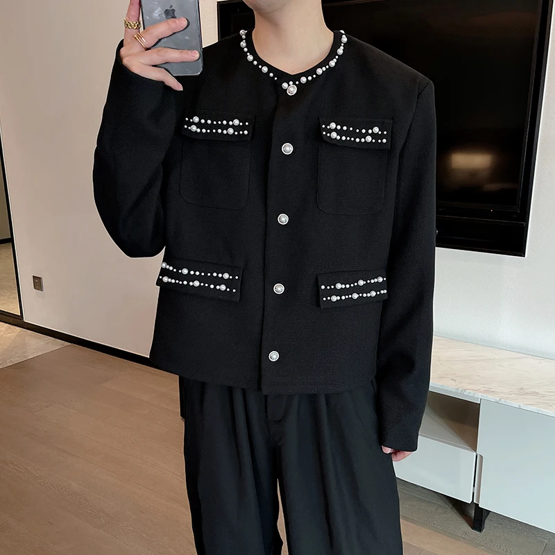 High Quality Autumn Winter Jacket Men's Embroidered Pearl Collarless Jacket Casual Social Streetwear Party Nightclub Short Coat - Image 2