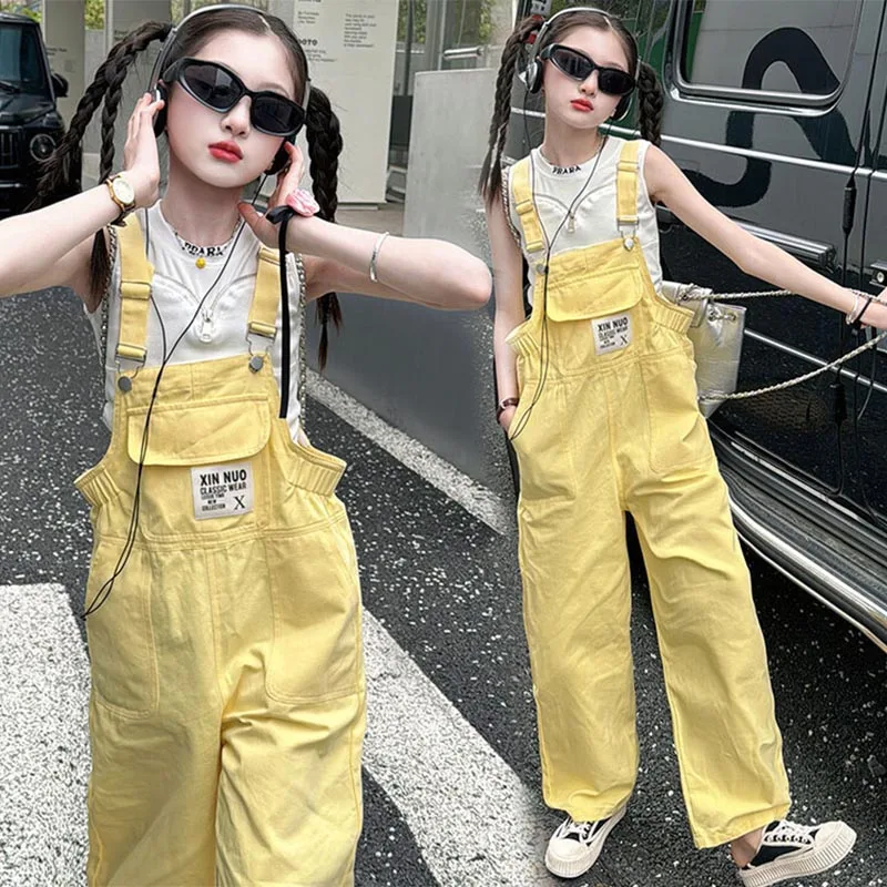 

Girls Denim Overalls Summer 2024 New Yellow Fashion Loose Teens Children Jumpsuit Casual All-match Teen Kids Trousers 4-12 Years