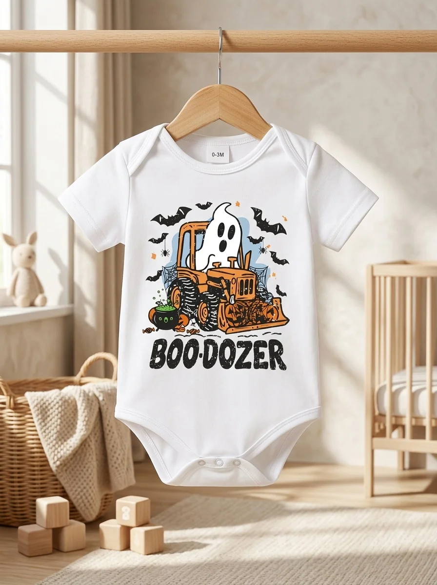 Halloween-Themed Short-Sleeve Onesie Featuring A Cartoon Shaped Like An Orange Bulldozer, Adorned with Halloween Elements