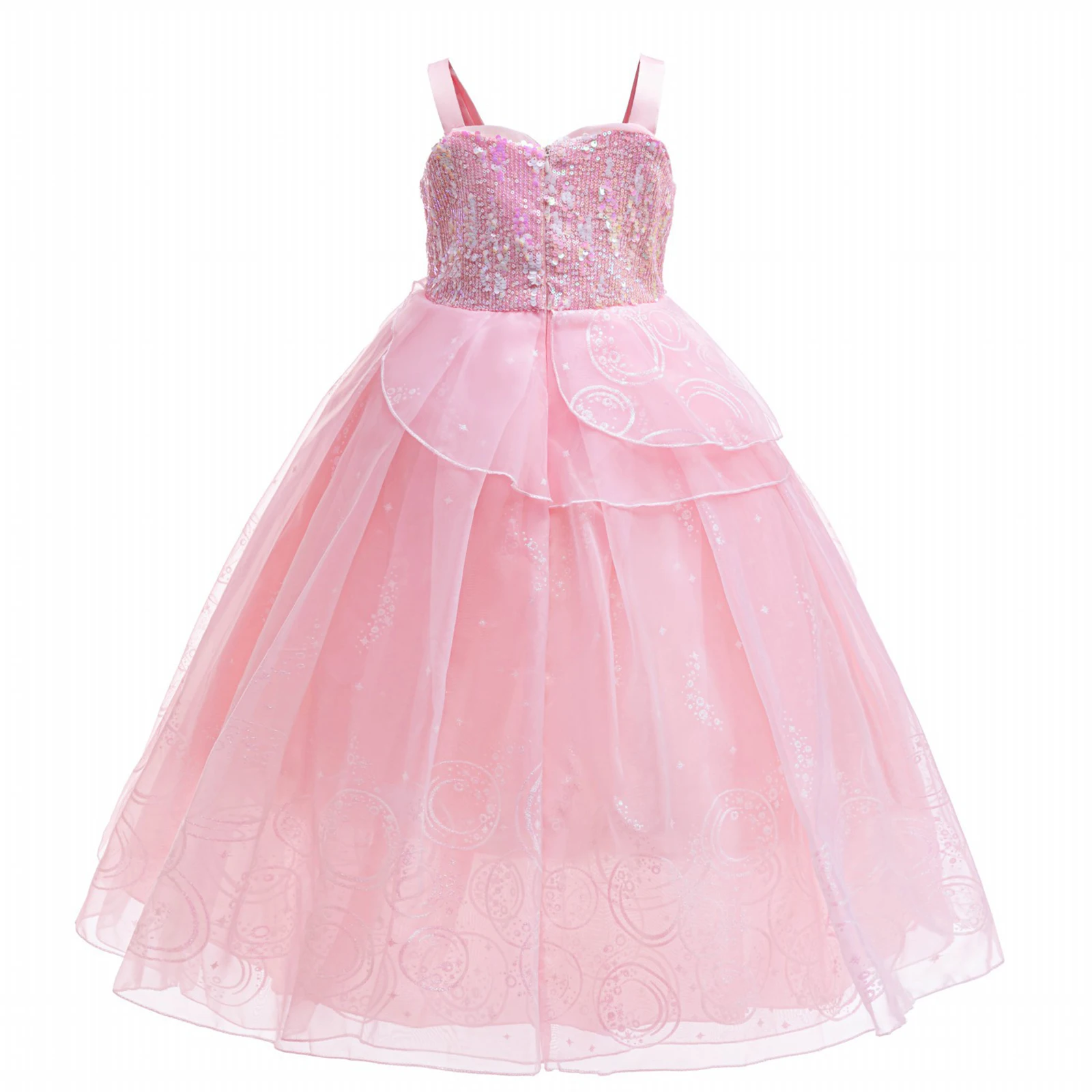 Gaun Anak Perempuan Payet Tali Bahu Lebar Gaun Tulle Kerut Berlapis Gaun Putri Perjamuan Kostum Pesta Cosplay Halloween