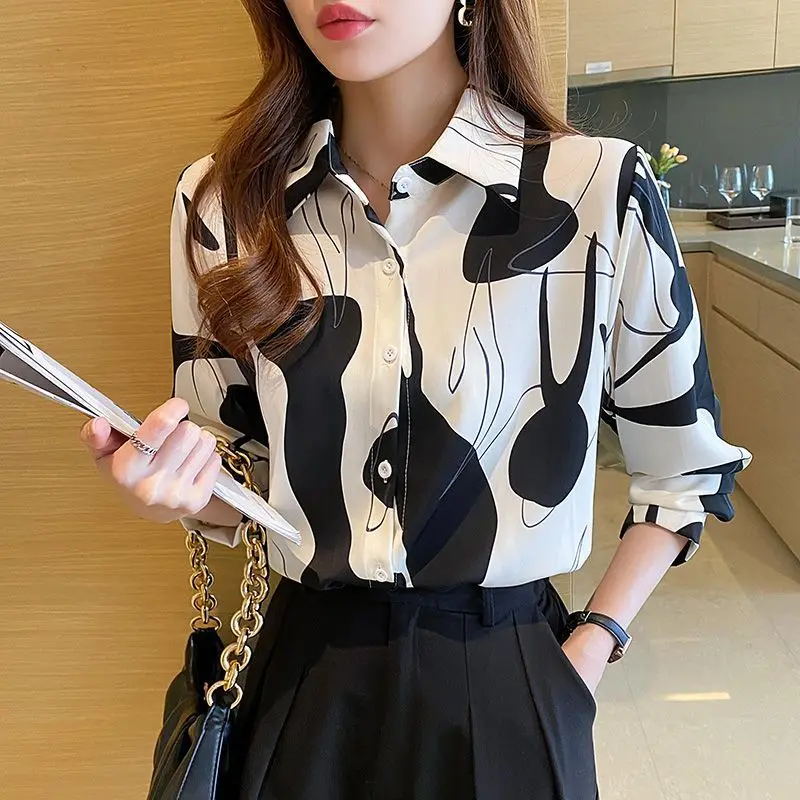 Women Spring Korean Fashion Loose Printing Chiffon Polo-Neck Long Sleeve Shirts Women Clothes Casual All-match Appear Thin Tops