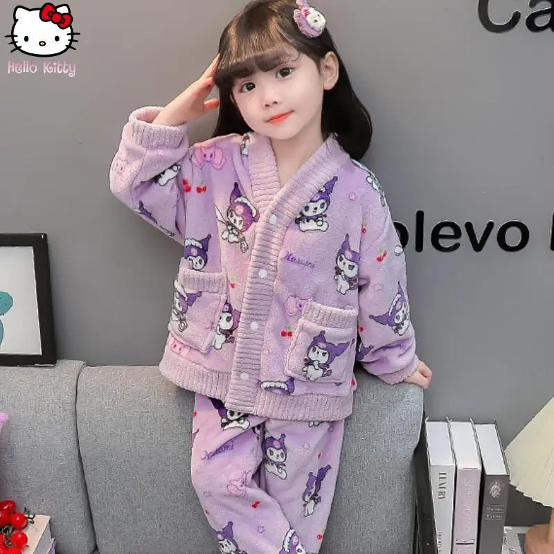 ملابس الفتيات كورومي الكرتون الدافئة منامة مجموعة أنيمي جديد Kawaii الخريف الشتاء طالب سانريو سترة سميكة ملابس المنزل الحلو