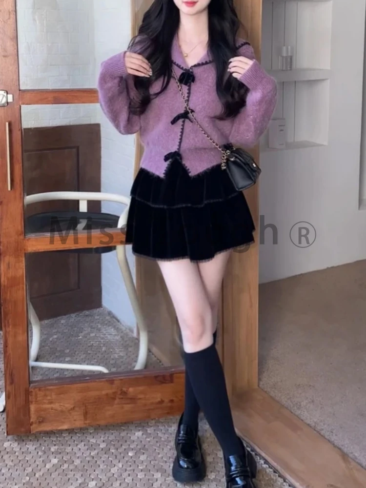 Korean Fashion Knit Autumn Winter Sweet 2 Piece Sets Purple Knitted Cardigan + Pleated Black Skirt New Casual Preppy Style Suits