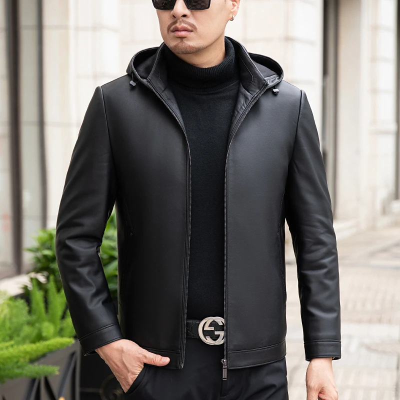 ZDT-8016 Winter New Men\'s Genuine Leather Down Coat With White Duck Down Fill Hat Detachable Casual Business Thickened Coat