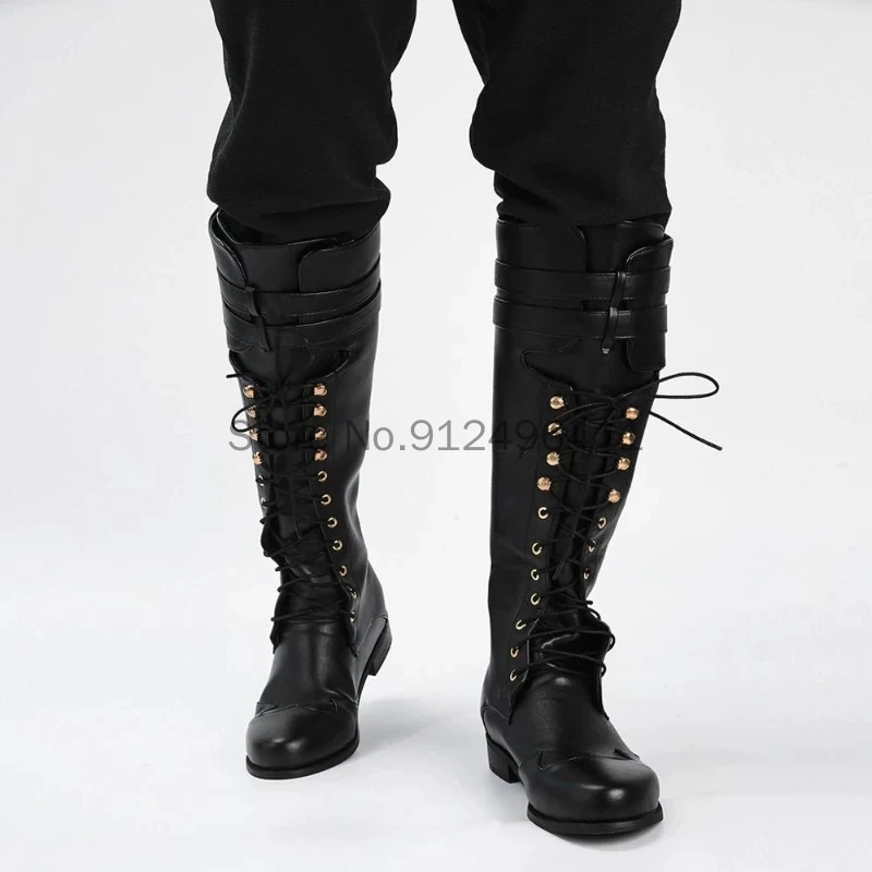 Mittelalter liche Retro Männer Ritter Stiefel Karneval Gothic britischen Stil Soldat Prinz Cosplay Leder Stiefel Party Mode Verband Schuhe