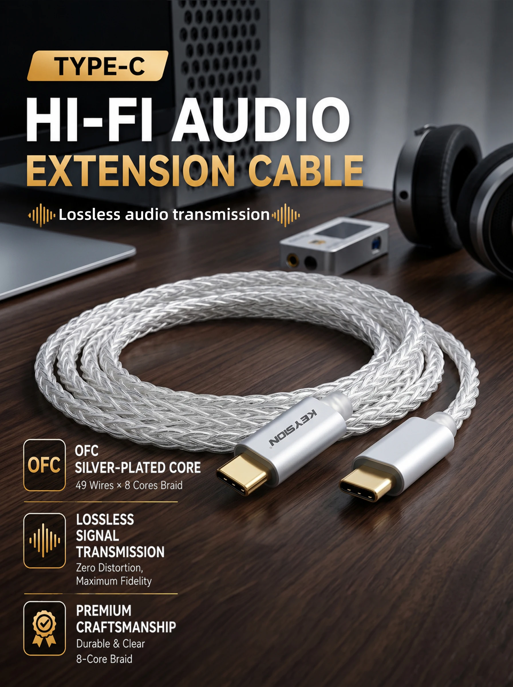 KEYSION Type-C To Type-C DAC Amplifier Audio Extension Cord Oxygen-free Copper Silver-plated USBC HIFI Cable for Computer Laptop