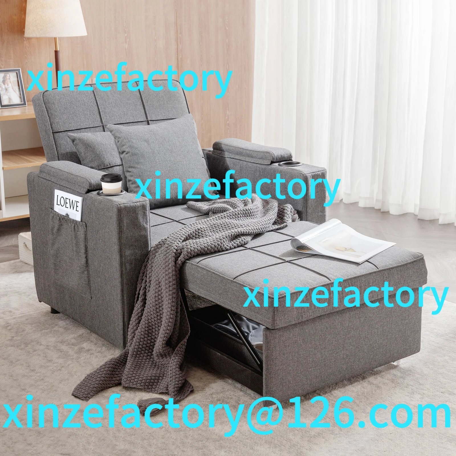 

Customizable Convertible Sofa Armchair with Cup Holders, 3-in-1 Futon Bed Chair with Side Pocket