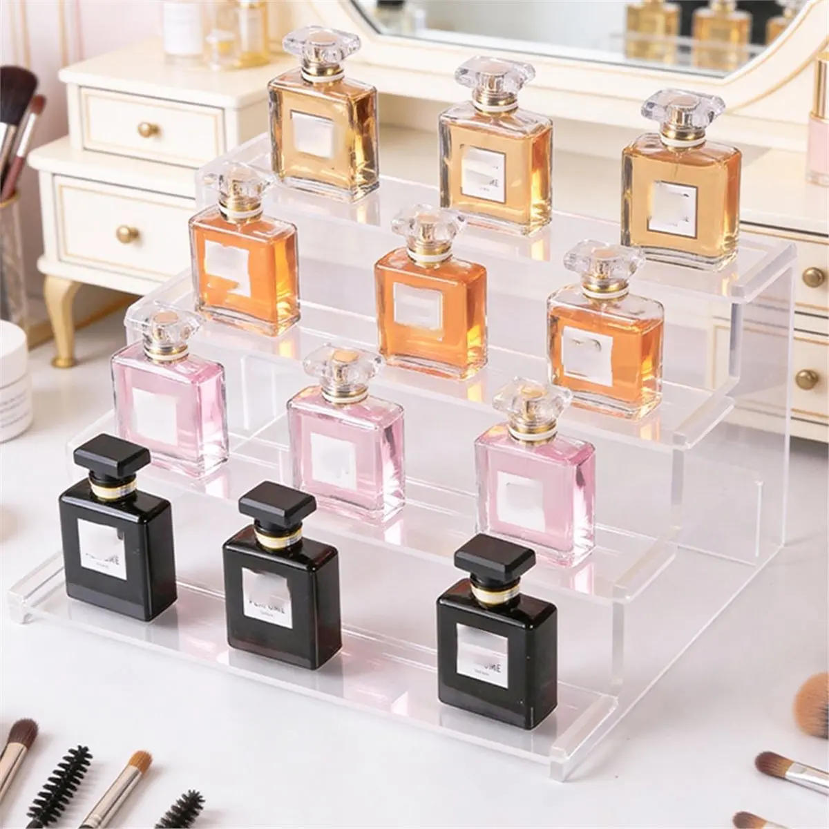 (A02R] 4 Tier Transparency Acrylic Display Risers, Perfume Organizer Stand,Cupcake Holder Shelf for Figures Dessert Display