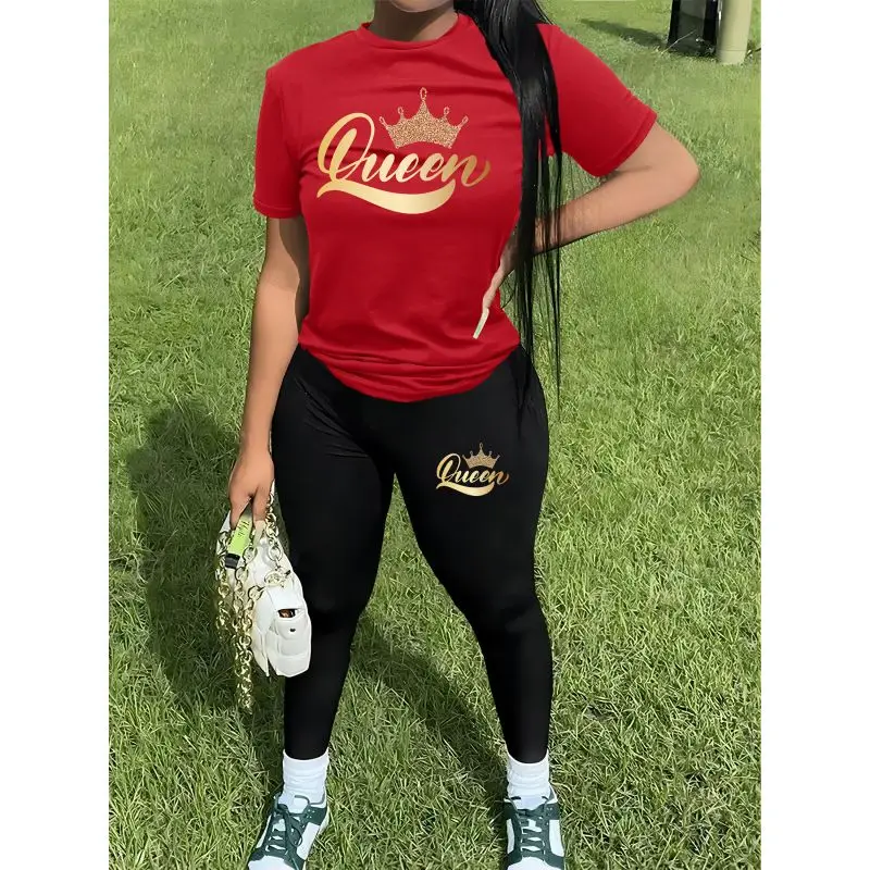 Summer Printed Letter Retro Women Short Pants Ladies Chic Solid T-shirt Pullovers Aesthetic 2 Piece Oversized Outfits