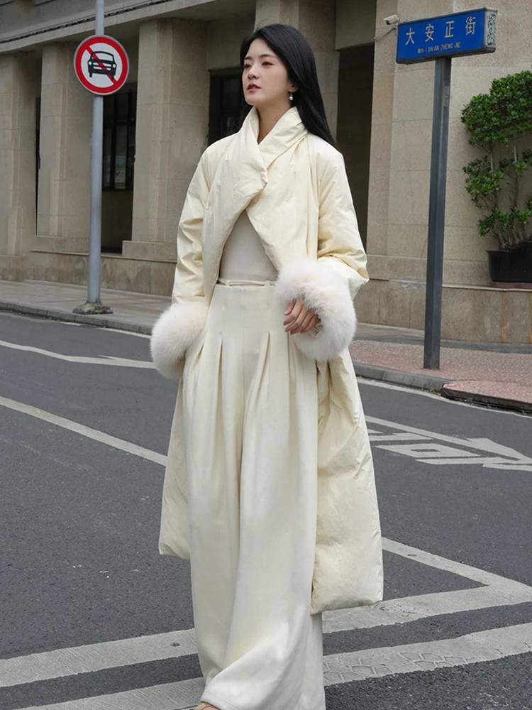 Winter Revers Wollen Mouwen Lange Parker Donsjack Vrouwen Witte Eendendons Lace Up Warm Donsjack Vrouwelijke Knielengte Outwears