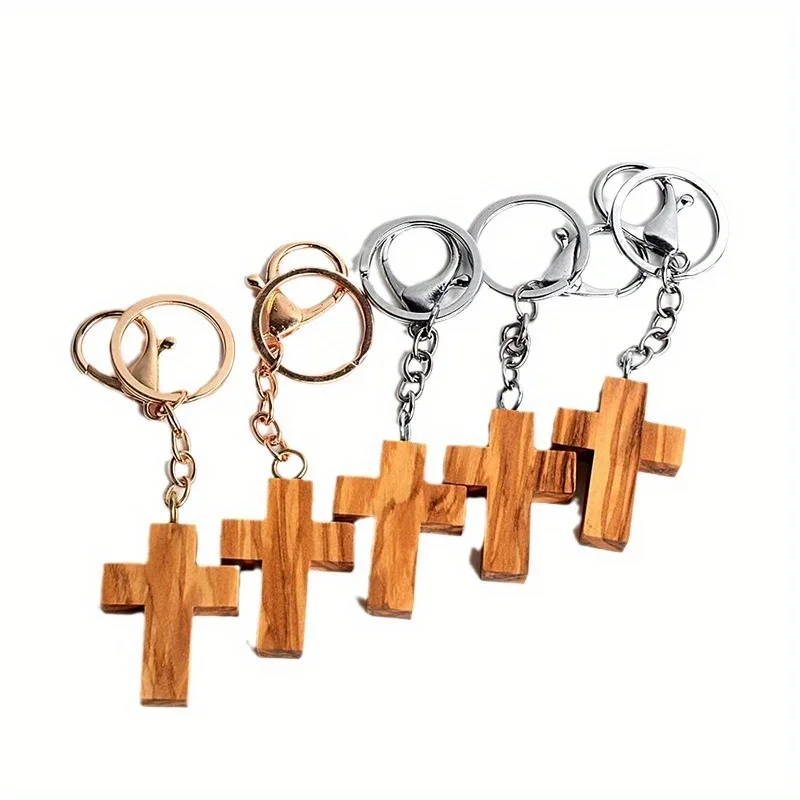 Olive Wood Cross Keychain Creative Handmade Wooden Cross Pendant DIY Decoration Pendant Holiday Gift