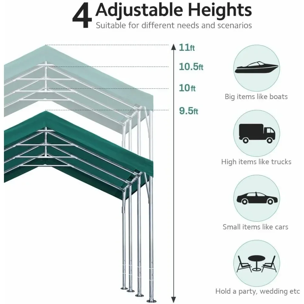 12x20 Foot Heavy Duty Carport Roof Garage Refuge Party Tent with Peak Height Adjustable From 9.5 Feet To 11 Feet, Green