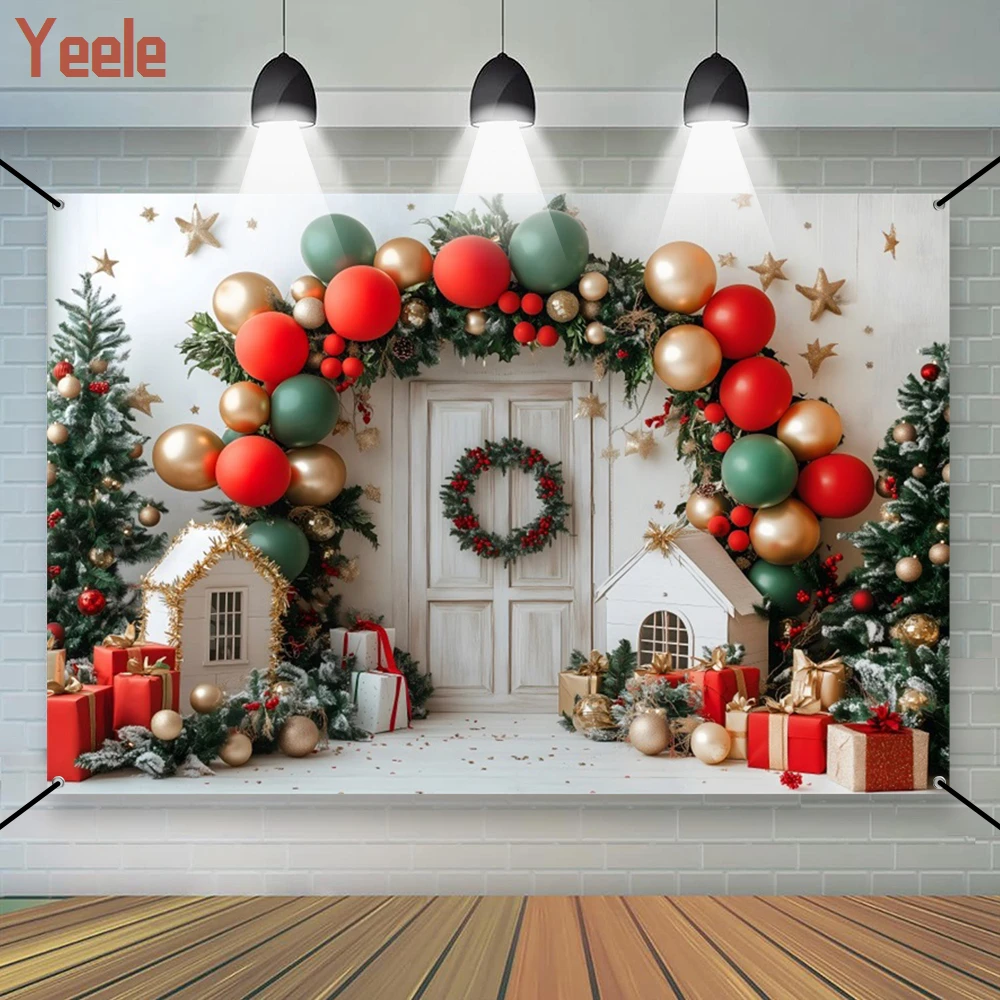 

Merry Christmas Photography Background Arch Balloon Xmas Tree Decor Kids Family Party Indoor Portrait Photocall Backdrop Banner