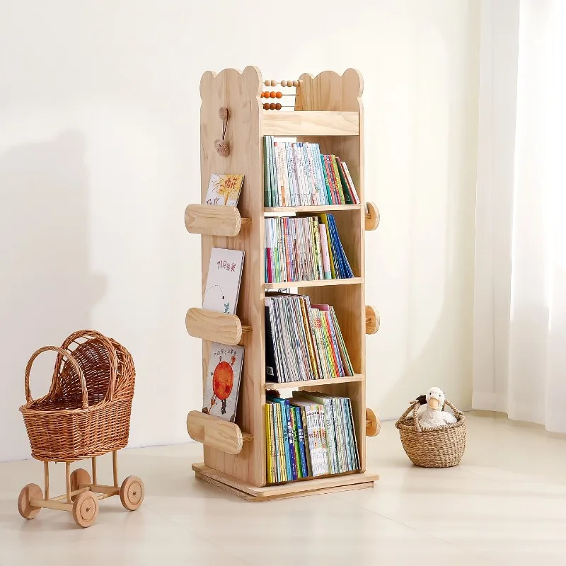 360도 회전 책장, 원목 어린이 그림책 가정용 다층 수직 수납